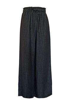 Very high-waisted, very wide-legged, paperbag lounge pants. Elastic waistband with drawstring sits at natural waistline, between high hip and rib cage. Big pockets. Fabric is a lightweight chambray that has been hand-brushed to for a soft, cozy feel. (That's right, we sanded the pants!) These blue/black pants are perfect for your transition back into the outside world; they feel like PJs, but dress up beautifully. Made sustainably in Los Angeles from 100% cotton deadstock. Machine wash cold, lin High Hips, Big Pockets, Rib Cage, Lounge Pants, Chambray, Black Pants, Feel Like, Blue Black, Elastic Waist