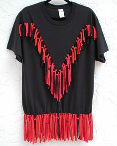 Fringe Tshirt Red and Black Adult Large Black Tshirt | Etsy Red Fringe Tops For Summer, Black Short Sleeve T-shirt For Festival, Casual Red Tops With Tassels, Red Cotton Festival Top, Casual Red Tassel Top, Casual Black Tassel Top, Black Cotton T-shirt For Festival, Red Cotton T-shirt For Festival, Red Short Sleeve T-shirt For Festivals