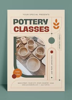 a poster for pottery classes with bowls and spoons on the table in front of it