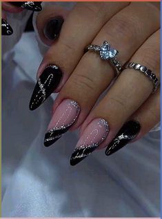 Black Prom Nails, Soya Mumu, Sparkle Nails, Silver Nails, Fabulous Nails, Chic Nails, Cute Acrylic Nails