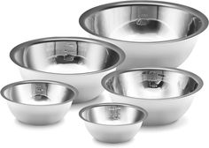 four stainless steel mixing bowls on a white background