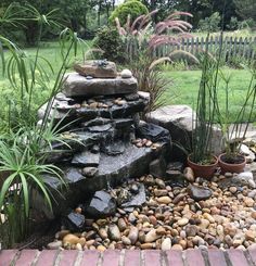 a garden with rocks, plants and water features in the center of the yard area