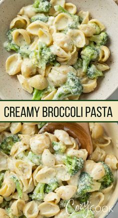 creamy broccoli pasta in a white bowl with a wooden spoon on the side