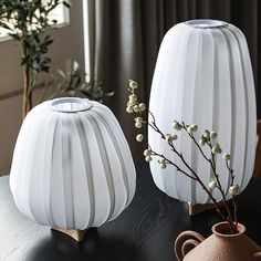 two white vases sitting on top of a wooden table next to a potted plant