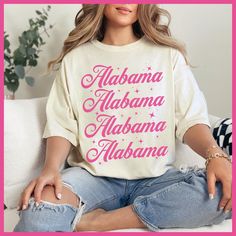 Introducing our Fancy Girly Alabama Shirt! Crafted from the Comfort Colors "1717" garment-dyed t-shirt, this tee is made from 100% ring-spun cotton for an incredibly soft feel. Key Features:     Chic and Cozy: Soft-washed fabric offers comfort with a sophisticated touch.     Durable Design: Double-needle stitching ensures long-lasting wear without side seams.     Versatile Fit: Relaxed fit and classic crew neckline perfect for casual and polished looks.     Quality Fabric: Medium-weight (6.1 oz/ Alabama Shirt, Alabama Shirts, Stars Shirt, Comfort Colors Shirt, Star Shirt, Polished Look, Dye T Shirt, Comfort Colors, Alabama