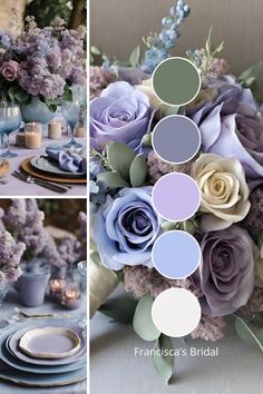 the table is set with purple and blue flowers