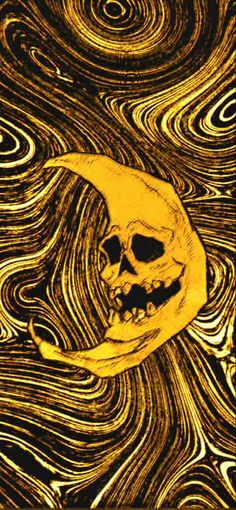 a yellow skull sitting on top of a black and white swirly background with waves