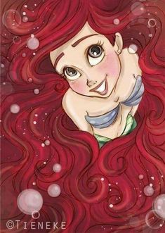 a drawing of a girl with long red hair and blue eyes is shown in the water