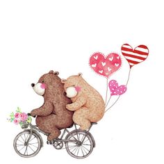 two bears are riding on a bicycle with hearts