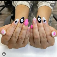 Pink 8 Ball Nails, Cute Mix Match Nails, 8ball Nail Design, Nail Inspo 8 Ball, Hot Pink Nails With Smiley Face, Pink Yin And Yang Nails, Zach Bryan Nails, Dopamine Nails, Halo Nails