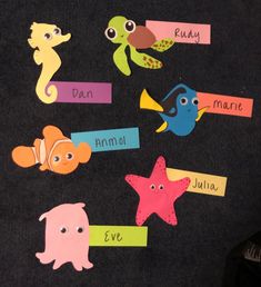 Door decorations with different finding nemo characters and resident names. Spring Semester Door Decs, Finding Nemo Door Decs, Shrek Door Decs, College Dorm Door Decorations Name Tags, Dorm Name Tags Resident Assistant, Dorm Door Decs, Finding Nemo Classroom, Ra Door Decks