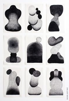 nine black and white drawings of different shapes on paper with dots in the shape of hats