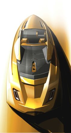 a yellow sports car is shown in this artistic rendering, it appears to have been designed with gold and black stripes