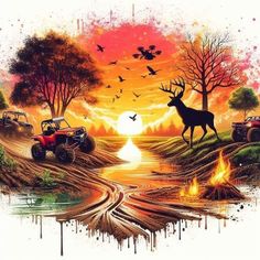 an image of a deer and four wheelers in the sunset