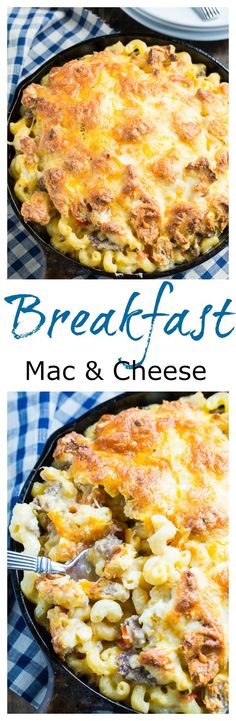 two pictures of macaroni and cheese in a cast iron skillet with the words breakfast