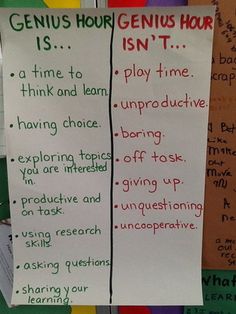 two paper signs with writing on them in front of a bulletin board that says genius hour is 1 n t