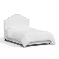 a bed with white sheets and headboard is shown in front of a white background