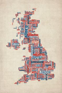 a map of the united kingdom in red, white and blue with words all over it