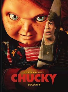 the chucky movie poster is shown with an evil looking child holding a large knife