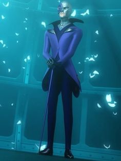 an animated character standing in front of a blue background