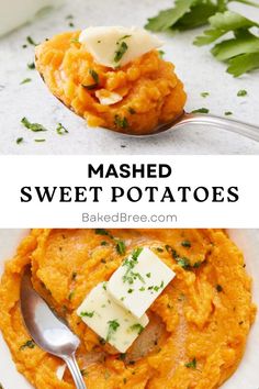 mashed sweet potatoes with butter and parsley on top