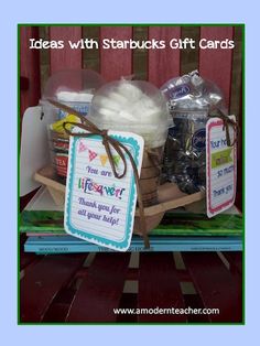 there is a basket with items on it and the words, ideas with starbuckss gift cards