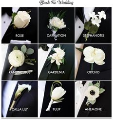 wedding boutonnieres with white flowers and greenery for men in black tuxedos