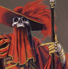 a skeleton dressed in red holding a stick and wearing a hat with feathers on it