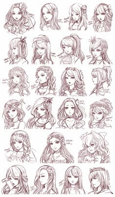 a bunch of different types of hair in various styles and colors, all drawn by hand