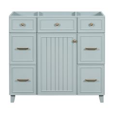 a bathroom vanity with two drawers and one door on the side, in light blue