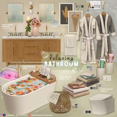 a bathroom is shown with towels, bathrobes and other items in the room