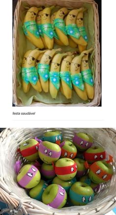 two baskets filled with green and yellow bananas