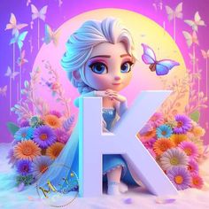 the letter k is surrounded by flowers and butterflies in front of a purple background with blue eyes