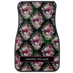 personalized floral car mat with pink and white flowers on black, the name amanda williams