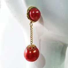 Vintage 80's Red Faux Pearls Ball Dangle Earings Length 3" E- 7 G- 4 Elegant Red Clip-on Earrings For Party, Elegant Red Clip-on Earrings For Evening, Red Earrings For Christmas Formal Events, Red Earrings For Christmas Formal Occasion, Red Christmas Earrings For Formal Occasions, Red Dangle Clip-on Earrings For Formal Occasions, Formal Red Dangle Clip-on Earrings, Red Clip-on Earrings For Party, Red Clip-on Earrings For Evening