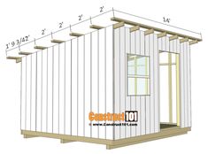 the side view of a small shed with measurements for the door and windows on it