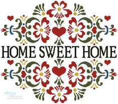 a cross stitch pattern with the words home sweet home in black and red, surrounded by hearts