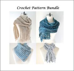 four different crochet patterns for scarves and shawls