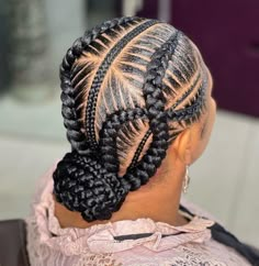 Four Braids Cornrow With Bun, Feed In Braids Hairstyles Updos, Feed In Braids With Designs, Braided Bun For Black Women, Brades Hair, Braided Bun Black Hair, Braids Into A Bun, Braided Bun Styles, Black Hair Bun