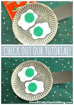 two paper plates with green eggs on them and the words check out our tutorial