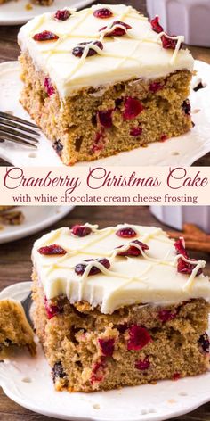 two pictures of a cake with white frosting and cranberries