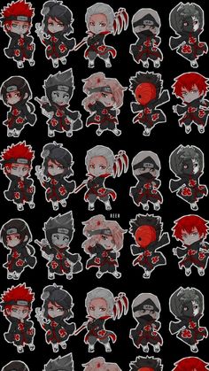 an image of many different stickers on a black background with red and white designs