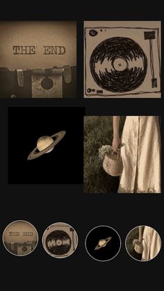 an old photo with the word, the end on it's side and images of saturn