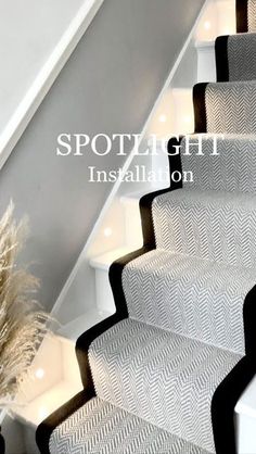 the stairs are decorated with black and white carpet