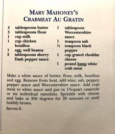 the recipe for mary mahone's crabmeat au gratin