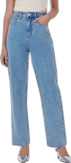 Trendy Straight Leg Jeans With Rhinestones, Trendy Mid-rise Rhinestone Jeans, Trendy Rhinestone Jeans, Bedazzled Denim Bottoms, Casual Denim Rhinestone Jeans, Casual Denim Blue Jeans With Rhinestones, Denim Blue Straight Leg Jeans With Rhinestones, Denim Blue Rhinestone Straight Leg Jeans, Trendy Embellished Denim Jeans