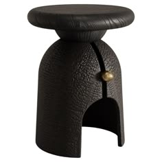 the stool is made out of black leather and has a round wooden seat on it