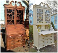 an old dresser is turned into a desk