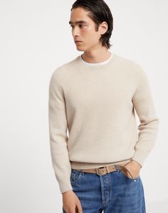 Cashmere English rib sweater The precious touch of cashmere enhances the classic silhouette of this crew-neck sweater. The softness of the natural yarns enrich the traditional English rib texture, while contrast trims, which characterize the edges of the cuffs, add an iconic Brunello Cucinelli detail. Lightweight and cozy, the sweater features a regular and comfortable fit. Timeless Wool Sweater For Winter, Timeless Long Sleeve Wool Sweater, Timeless Cashmere Sweater For Fall, Classic Cashmere Sweater With Ribbed Collar, Classic Cream Crew Neck Sweater, Classic Long Sleeve Sweater With Ribbed Neckline, Classic Sweater With Ribbed Crew Neck, Classic Crew Neck Sweater With Ribbed Neckline, Luxury Cashmere Sweater With Ribbed Collar