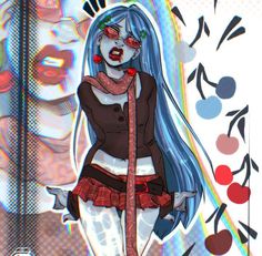 a drawing of a girl with blue hair and piercings on her face, standing in front of a colorful background